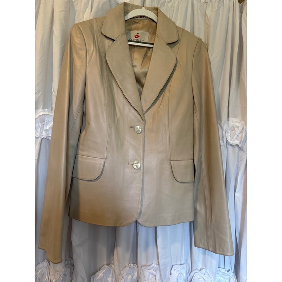 Anglun Jackets & Blazers - Anglun Womens Beige Leather Blazer Jacket Size L Two Button Tailored Lined Tan